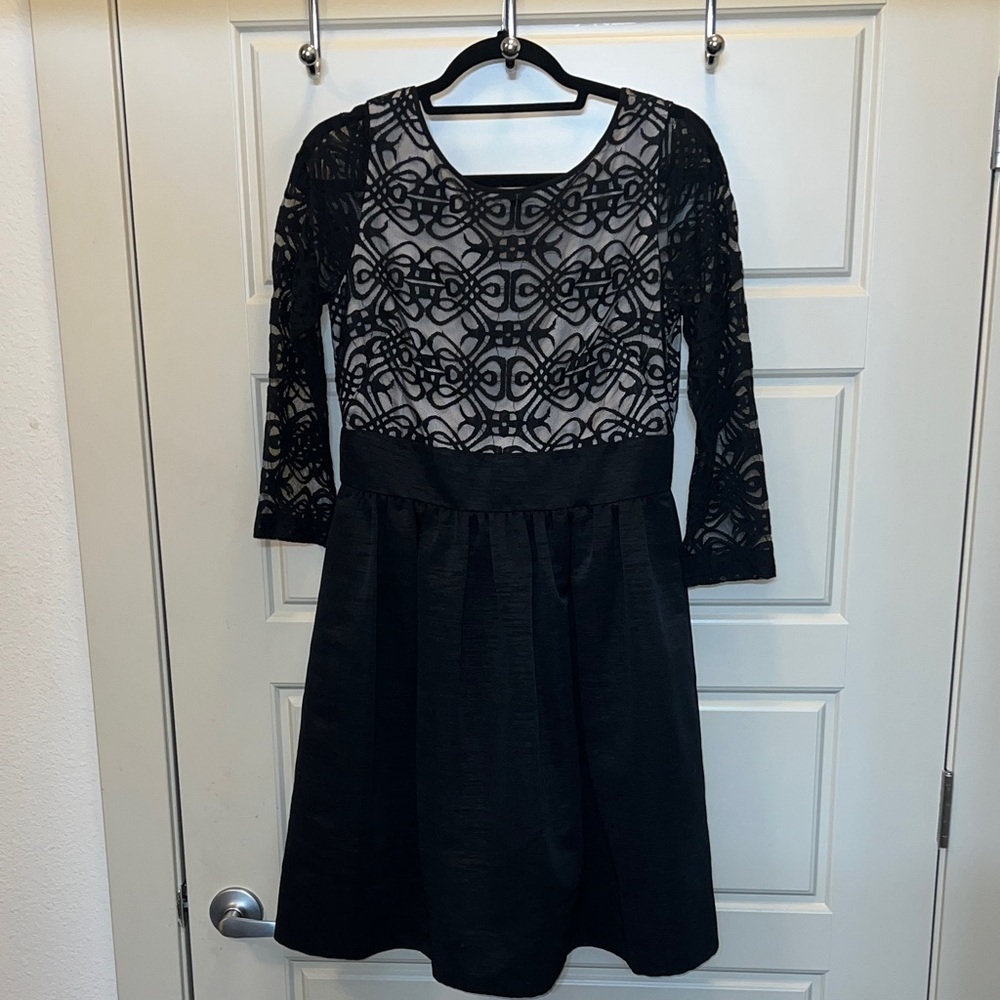 Eliza J Fit & Flare Black Lace Top Long Sleeve dress Sz 10 LBD cocktail